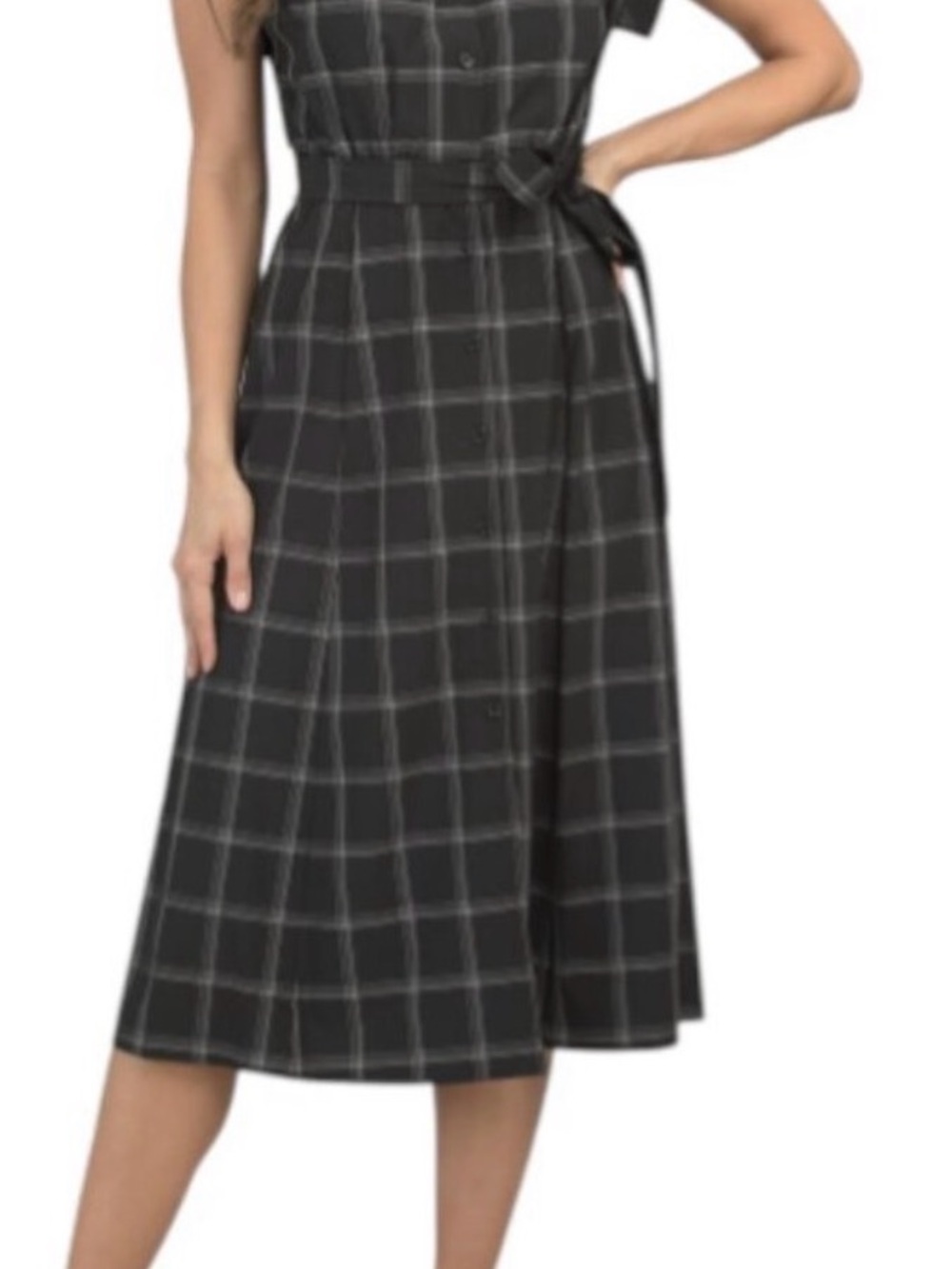 Calvin Klein Black Windowpane Belted Midi Dress - Picture 2 of 2